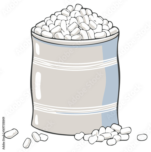 Cartoon Illustration of Bag of White Beans with Scattered Beans, Food Staples