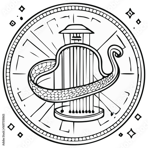 Celtic Harp on Viking Ship Stylized Coin Outline Design for Medieval Mythology and Music Themes