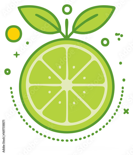 Sliced Lime with Leaves Cartoon Graphic - Bright Green Citrus Fruit Icon Design
