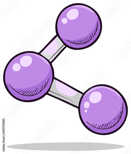Cartoon representation of a chemical compound with three purple atoms connected with grey bonds