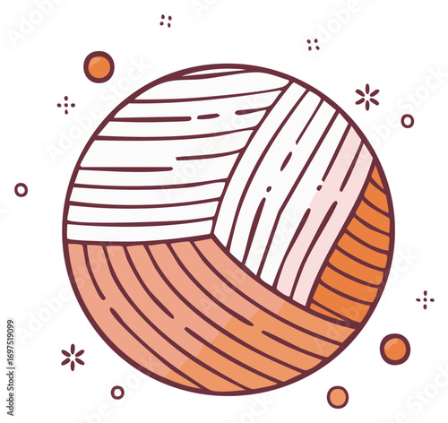 Stylized orange and white yarn ball illustration with playful decorative elements for craft projects