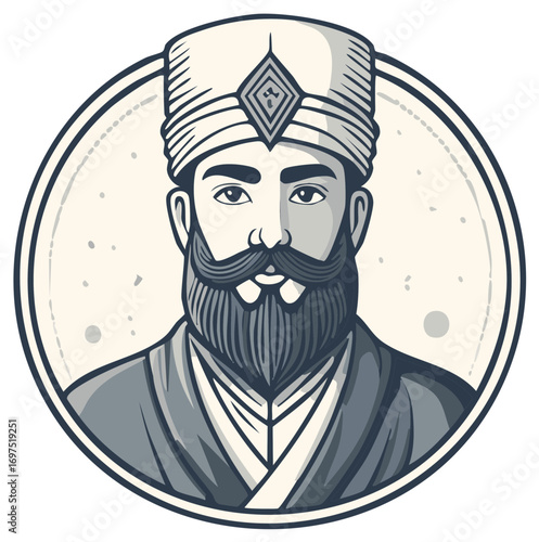 Illustration of Man with Turban and Beard Inside Circular Border: Cultural Representation and Detailed Design