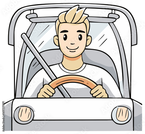 Smiling young man driving a car with safety belt fastened and hands on the steering wheel.