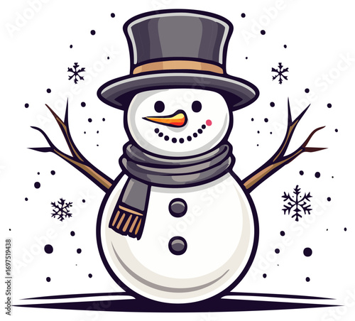 A friendly cartoon snowman wearing a top hat and scarf with falling snowflakes in winter