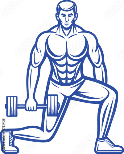 Muscular Man Performing a Dumbbell Lunge Exercise.