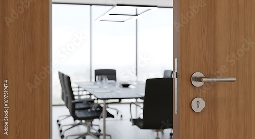 Open office door revealing a modern conference room