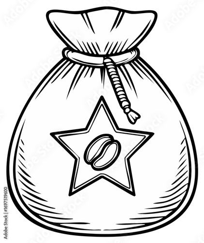 Coffee bean bag with star emblem graphic illustration in a vintage style
