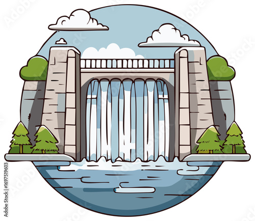 Hydroelectric dam with flowing water spillway in a natural landscape cartoon illustration