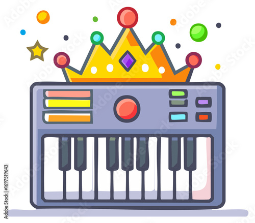 Cartoon Style Synthesizer Keyboard with a Crown and Colorful Decorations