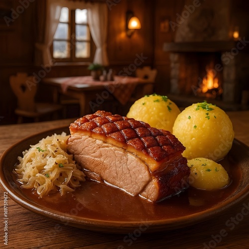 Traditional Austrian Roasted Pork with Crispy Crackling and Dumplings