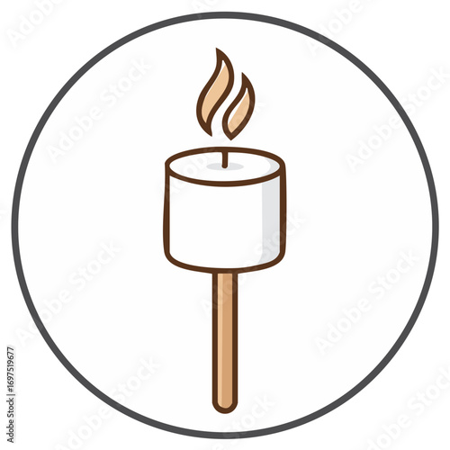 Stylized marshmallow on a stick icon, with flames, camping treat roasting over an open fire, summer picnic concept illustration