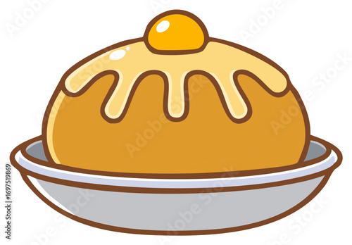Sweet Cream Bun on Plate Cartoon Style Pastry Dessert with Topping