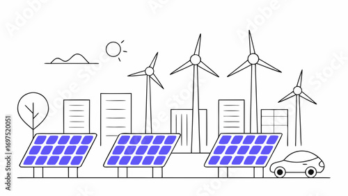 Renewable energy solutions for transportation, featuring wind turbines and solar panels promoting sustainable and eco-friendly power for modern cities