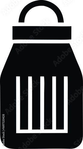 Simple icon of a salt shaker dispenser featuring vertical stripes for seasoning and a carrying handle for portability
