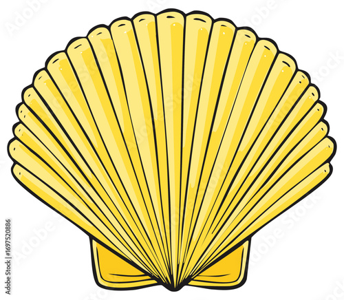 Vibrant yellow scallop shell illustration with bold black outlines and simple shading