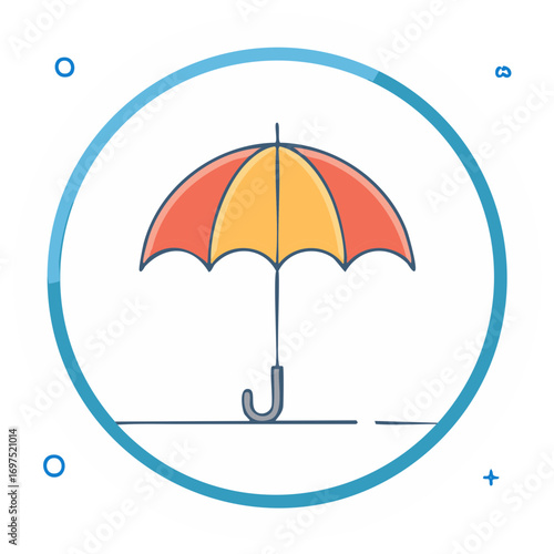 Charming colorful illustration of an open umbrella with handle and raindrops inside of a circle frame