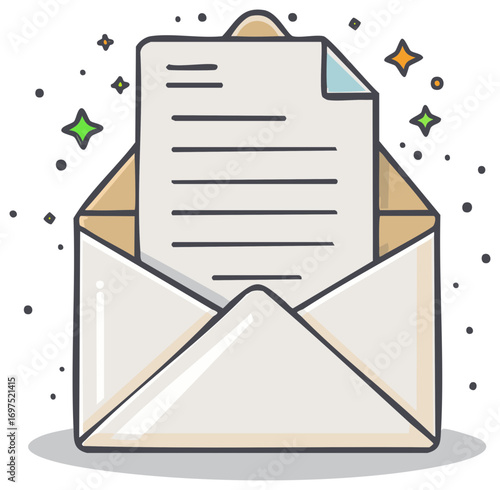 Doodle illustration of an open envelope with a magical sparkling letter or special news