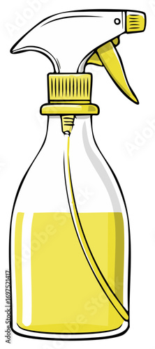 Spray bottle illustration, yellow liquid and trigger details, cleaning product concept