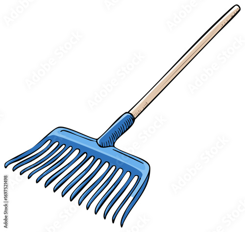 Illustration of a blue rake with a wooden handle for yard work and gardening