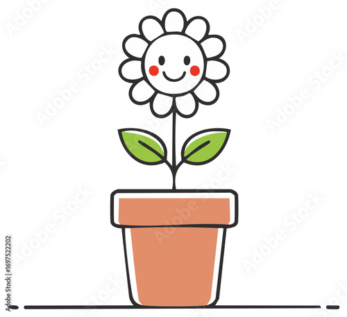Cheerful Cartoon Flower in Pot with Smiling Face Line Art Illustration