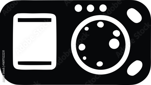 Hand drawn outline of a digital camera with a screen and control dial for photography and capturing memories