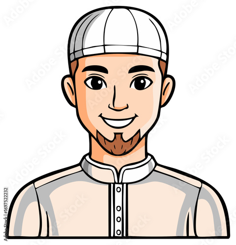 Smiling young Muslim man illustration wearing a traditional white cap and cultural attire