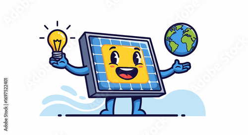 Happy cartoon solar panel mascot holding a lightbulb and the Earth, representing renewable energy.