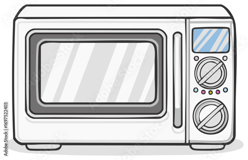 Bright cartoon illustration of a white modern microwave oven, a common kitchen appliance for quick cooking.
