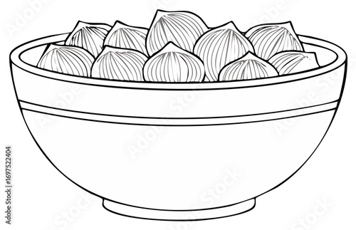 Simple line art illustration of whole garlic cloves in a round bowl culinary ingredient