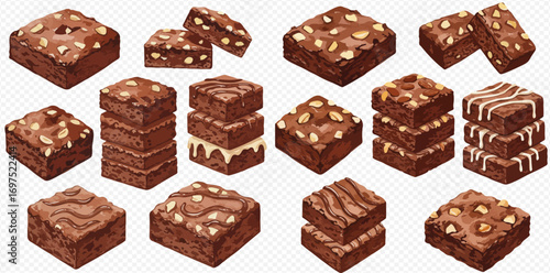 A delicious collection of illustrated chocolate brownies, shown as single squares, stacks, and pieces with nuts and icing.