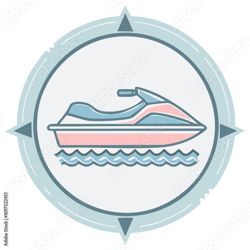 Jet Skiing Adventure Vector Icon, Personal Watercraft in Round Compass Graphic