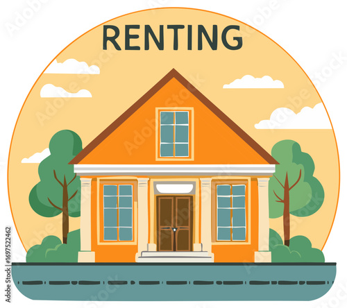 Illustration of house for rent in orange colors, residential property concept, renting property