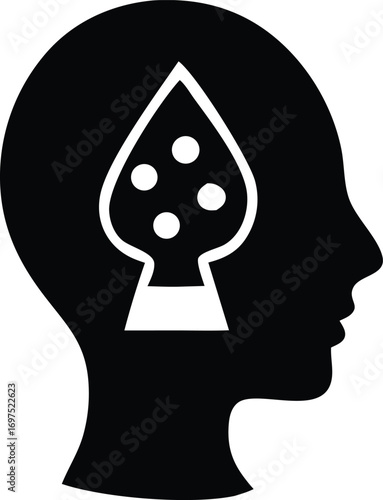 Conceptual silhouette head profile with spade icon represents a thought or idea within the mind symbolizing insight
