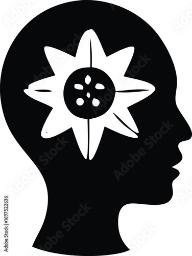 Silhouette head profile with blooming sunflower symbolizing inner growth awareness and positive mental well-being