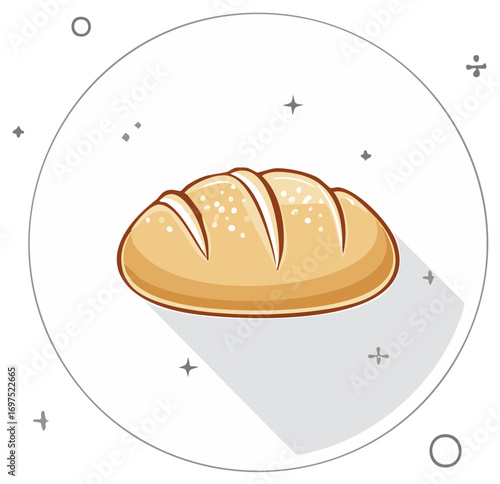 Freshly baked bread loaf cartoon illustration with scored crust and long shadow