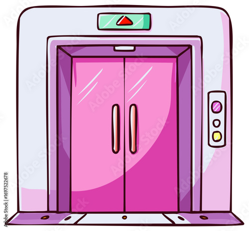Cartoon Pink Elevator with Closed Doors and Panel Buttons for Floor Selection in a Building
