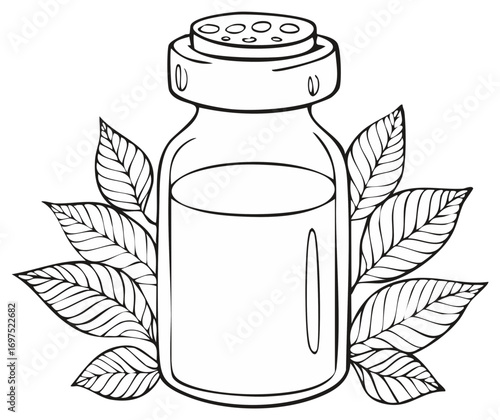 Outline Drawing of Small Jar with Perforated Lid Surrounded by Leaves