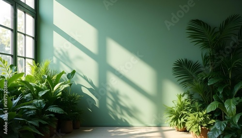 Minimalist green wall with vibrant tropical leaves in a lush, humid greenhouse at midday, dappled sunlight filtering through glass panels, casting soft shadows that create depth and tranquility.
