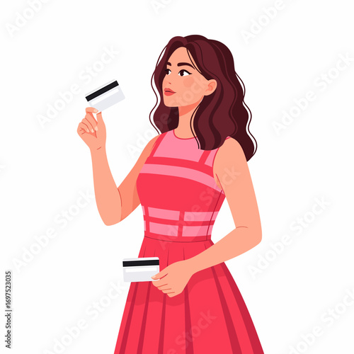 A thoughtful young woman in a pink dress holding two credit cards, contemplating a financial decision.