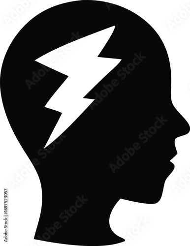 Conceptual icon of a human head silhouette with a white lightning bolt symbolizing ideas or migraines representing inspiration and mental state