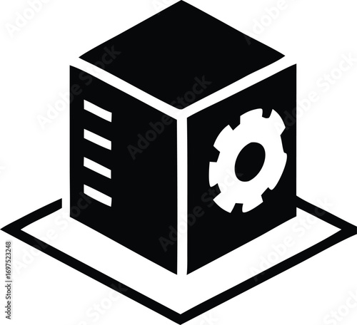 Abstract technology icon represents server data processing and mechanical engineering with gear symbol and system elements