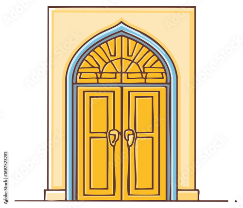 Cartoon illustration of an ornate arched door with yellow panels and a decorative sunburst window design above