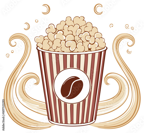 Cartoon popcorn cup design with coffee bean symbol and swirls.