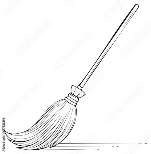 Traditional cleaning broom line art illustration for household chores and magic