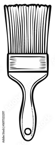 A simple black and white illustration of a paintbrush with a wooden handle and bristles