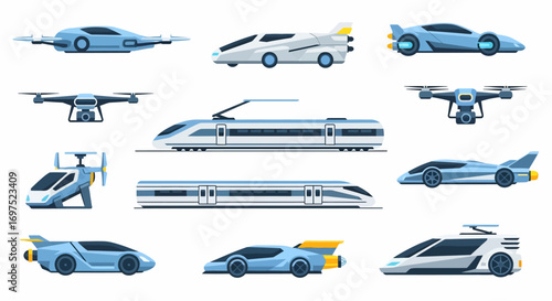 Illustrated collection of advanced futuristic transport - sleek flying cars, modern drones, and high-speed bullet trains.
