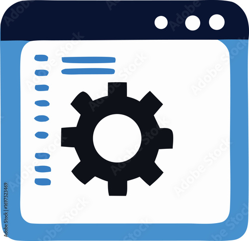 Digital interface with a central gear icon representing settings configuration and system management for web development and software engineering.