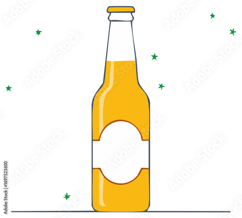 Cartoon illustration of a beer bottle with a blank label and celebratory stars