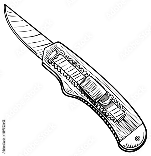 Close up illustration of an opened utility knife with a retractable blade and wooden handle.