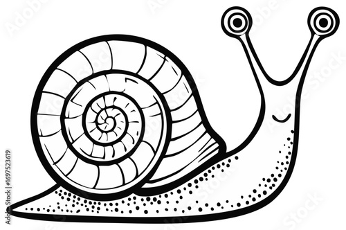 Charming snail illustration with shell, eyes on stalks and dots on its body, black and white outline